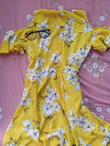 Yellow Floral Cold Shoulder Dress