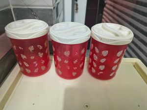 Set of 3 Red Leaf Print Canisters