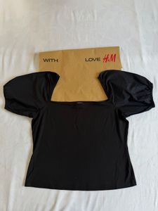 H&amp;M Black Puff Sleeve Square Neck Top