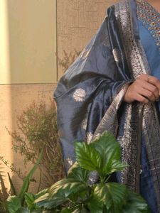 Blue Kurta Set with Embellished Neckline