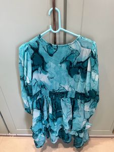 Blue Abstract Print Ruffle Dress