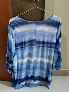 Blue Abstract Print Ruffle Sleeve Top