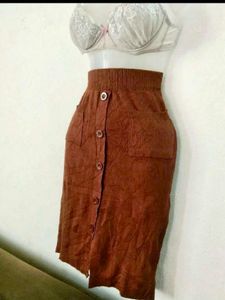 Brown Button-Front Midi Skirt