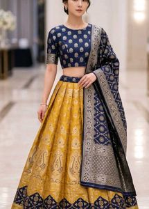 Yellow  & blue Lehenga Choli with stiched Blouse