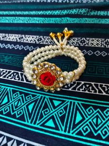 Elegant Pearl & Red Stone Bracelet