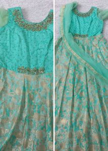 Elegant Teal &amp; Gold Embroidered Ethnic Gown