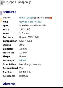 Silver coin 2.7 grams 1943+ 10 indian coins