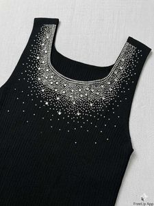 Premium Black Ribbed Top with Stunning Rhinestone