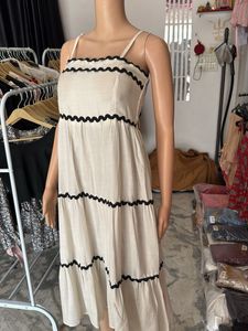 White Tiered Midi Dress with Black Trim