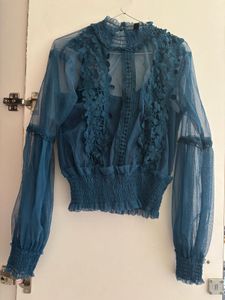 Elegant Blue Lace Trim Sheer Top