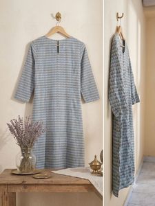 Chic Geometric Slate Blue Pure Cotton Straight Kur