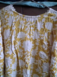 Yellow Floral Kurta with White Lace Detail