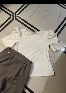 Chic White Puff Sleeve Top &amp; Grey Trousers Set