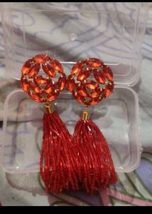Red Beaded Tassel Earrings
