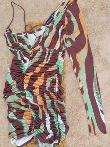 Ruched One-Sleeve Print Mini Dress