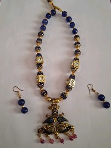 Blue Bead Necklace and Earrings Set