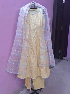 Yellow Striped Kurta Set with Embellished Neckline