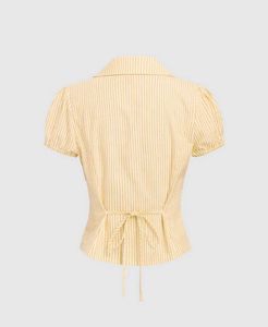 Yellow Striped Button-Up Puff Sleeve Top