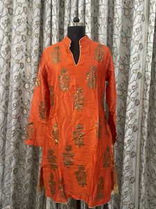 Vibrant Orange Kurta with Gold Print