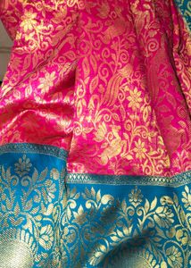 Pink &amp; Teal Blue Big Border Kanjivaram Silk Saree