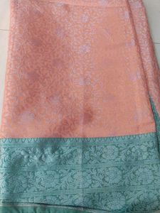 Elegant Peach Silk Saree with Green Border