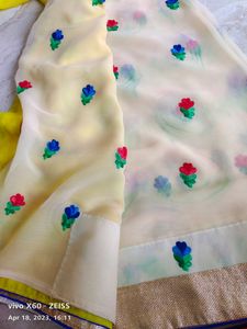 Cream &amp; Lemon Yellow Saree