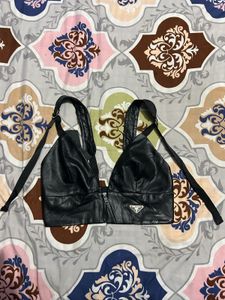 Prada Black Leather Bralette Top