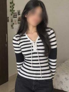 Striped Lace-Up Long Sleeve Top