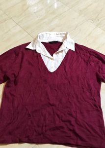 Maroon V-Neck Collared Top