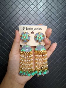 Elegant Grey & Mint Jhumka Earrings