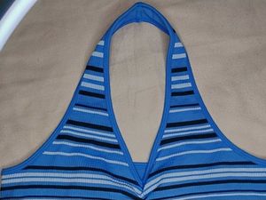 Blue Striped Halter Neck Sports Bra Non Padded