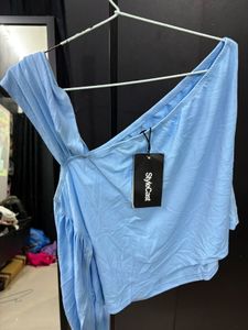 Chic Blue One-Shoulder Draped Top