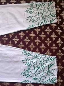 White Palazzo with Green Floral Embroidery