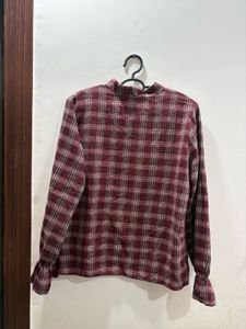 Korean Style Maroon Checkered Tie-Neck