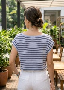 Striped V-Neck Casual Blue Top