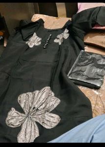 unused Elegant Black Kurta with Floral Applique