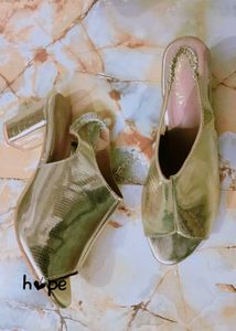 Gold Peep-Toe Slingback Block Heels