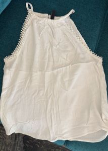 White Halter Neck Top with Pom-Pom Trim