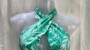 Green Leaf Print Halter Bikini Top