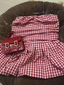 Red Gingham Off-Shoulder Dress with cute Handbag
