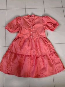 Coral Tiered Puff Sleeve Dress