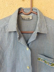 Striped Button-Up Shirt with Floral Embroidery