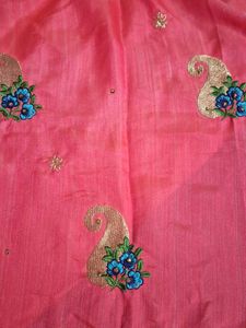Coral Saree with golden blouse piece