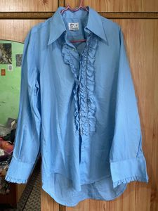 Light Blue Ruffled Button-Up Shirt