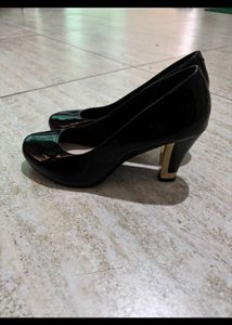 Women's Black Patent Pumps with Gold Heel