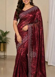 Maroon Velvet Finish Designer Saree with Stone Wor