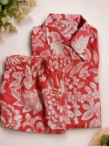Red Floral Cotton Night Suit Set