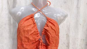 Orange Ruched Halter Neck Crop Top