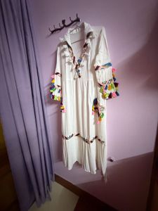 bohemian Embroidered White Tassel Dress
