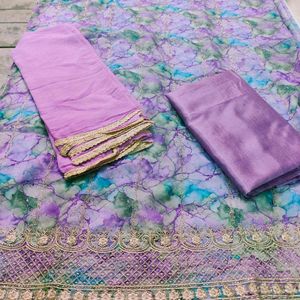 Purple Print Organza Zari Embroidered Party Wear U